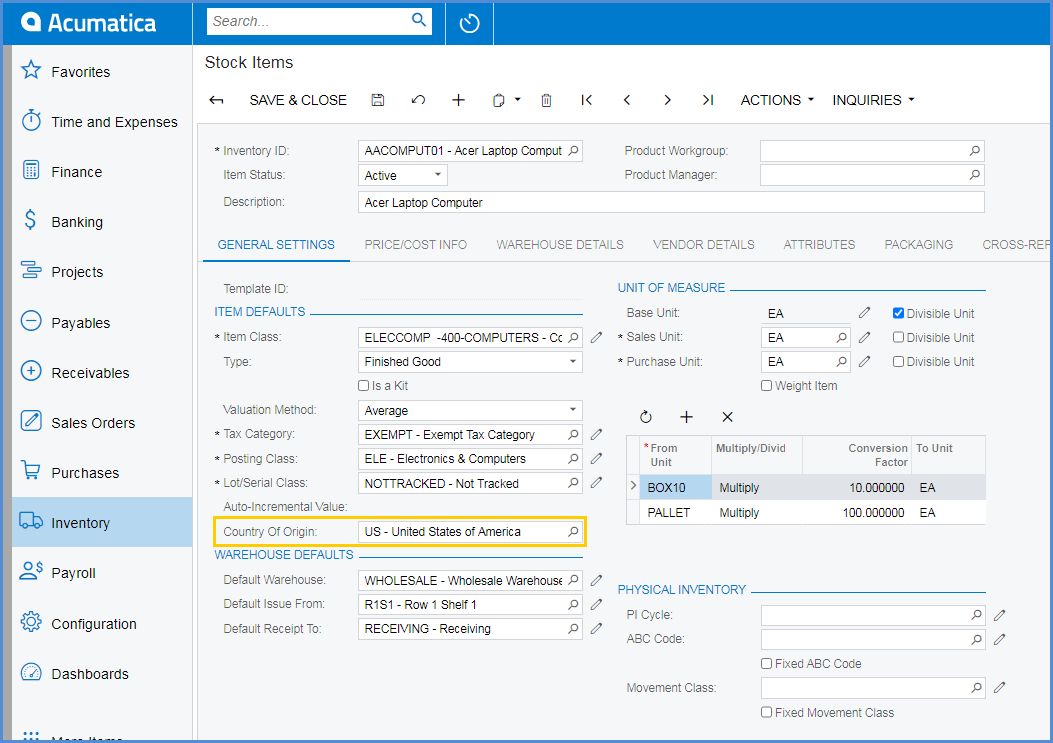 Acumatica Stock Item Fields StarShip