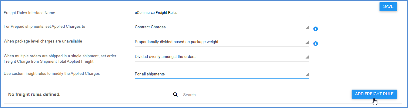 Click Add Freight Rule to define a freight rule for this interface.