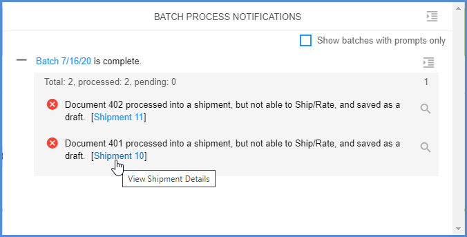 Click the Shipment number to view the draft shipment.