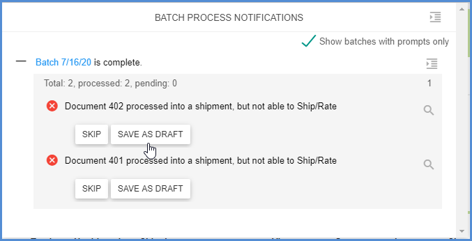 Select the action to take on a batch with errors.