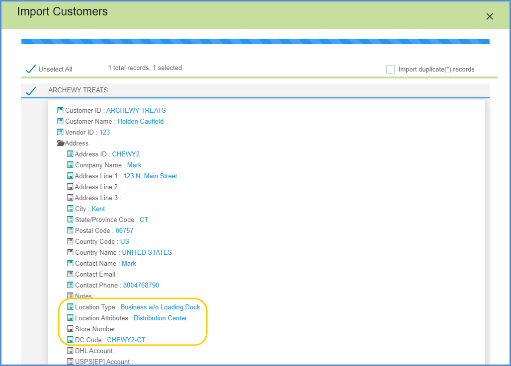 Example of a customer record with populated DC Code.