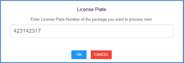 Enter the license plate number of the package you want to process next.
