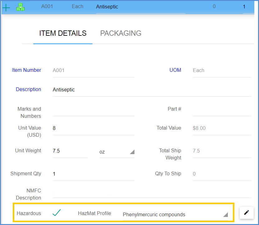 In Item Details, check the Hazardous option and select a Haz Mat Profile