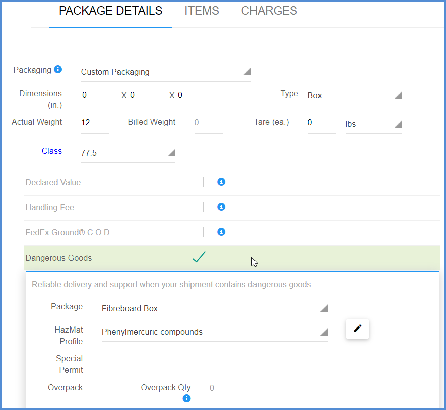 Dangerous Goods Package Details