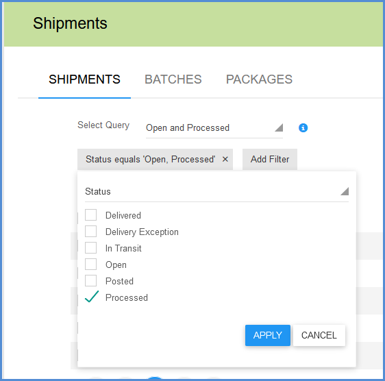 To view only Processed shipments, deselect the Open filter.