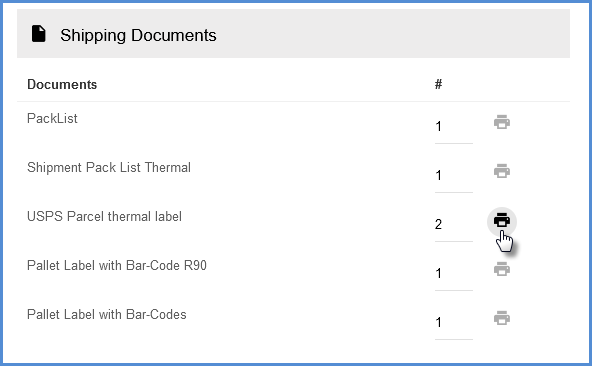 In the Shipping Documents section, click the printer icon to reprint labels or docs.